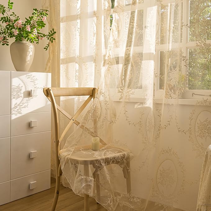 Sutuo Home Beige Lace Curtains 96 Inches Long 2 Set, Sheer Panels Rose Floral Embroidery Vintage Voile Window Treatment Pair for Bedroom Living Room, Retro Christmas Decor Rod Pocket, W57 x L96