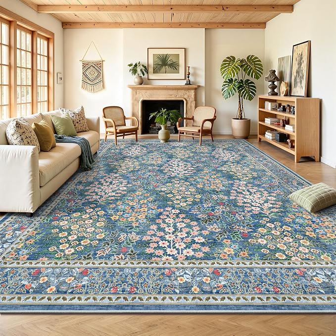 8x10 Area Rugs, Machine Washable Low Pile Floral Rugs for Living Room, Bedroom, Large Boho Area Rug with Non-Slip Backing for Dining Room(Blue Floral)