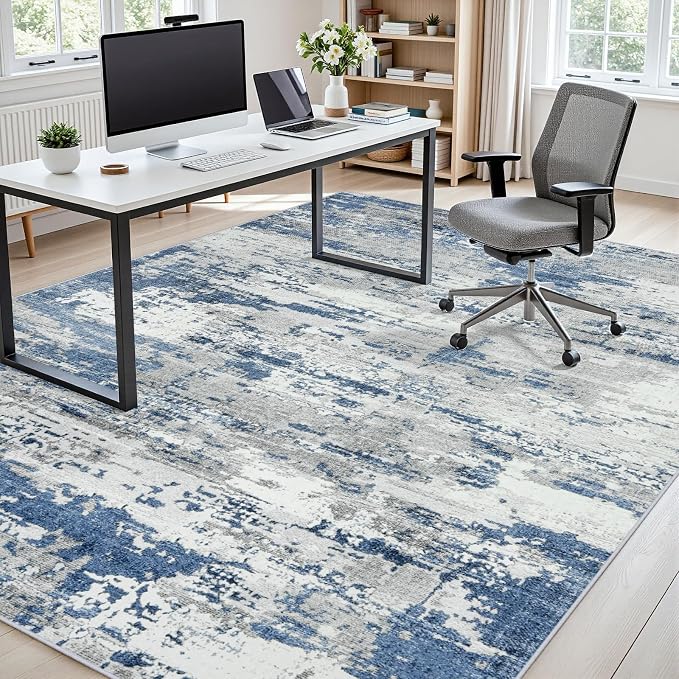 Area Rugs 10x14 Living Room: Large Soft Washable Rug Modern Abstract Anti-Skid Non-Shedding Carpet Indoor Floor Thin Carpets for Bedroom Dining Room Farmhouse Nursery Home Office Grey Blue