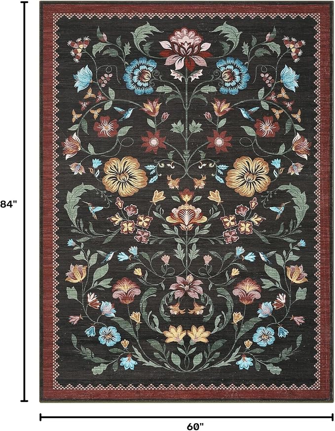 GarveeHome Washable Rug 5x7 Area Rugs for Living Room, Floral Rug for Bedroom, Soft Boho Non Slip Throw Rugs with Rubber Back, Low Pile Stain Resistant Vintage Floral Carpet for Dining Room, Red