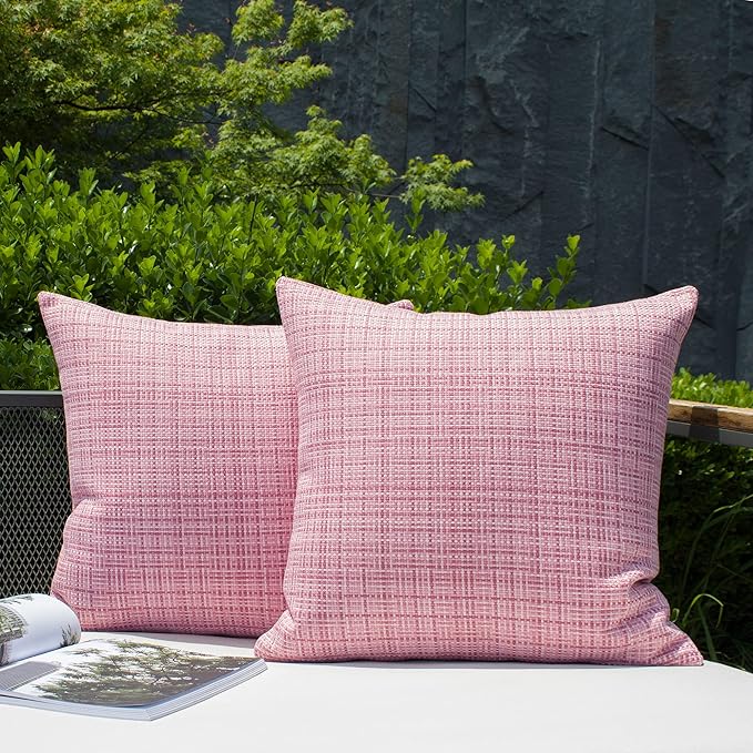 Kevin Textile Pack of 2 Decorative Outdoor Waterproof Throw Pillow Covers Stripe Square Pillowcases Modern Cushion Cases for Gifts Patio Couch Bench 22 x 22 Inch Pink