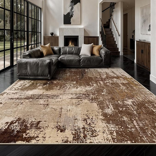 9x12 Area Rugs - Modern Abstract Washable Rug, Ultra Soft Non Slip Low Pile Large Brown Rugs for Living Room, Floor Carpet for Bedroom Dining Room Office Laundry Nursery Home