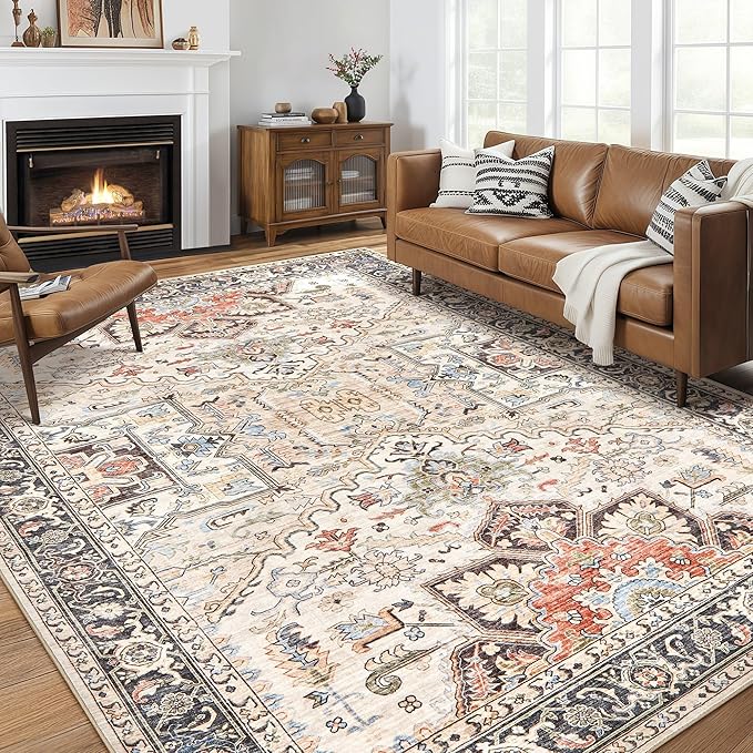 9x12 Area Rugs for Living Room - Large Carpet Ultra Thin Soft Washable Oriental Vintage Floral Distressed Rug Big Indoor Carpets for Bedroom Nursery Dorm Home Decor Aesthetic - Multi