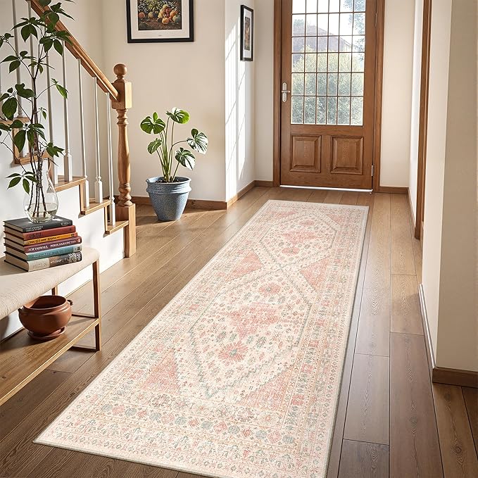 2x5 Rug Runner Washable for Entryway, Soft Bathroom Rugs with Non-Slip Backing,Vintage Low Pile Stair Runner, Small Kitchen Carpet for Hallways, Laundry Room(Pink,2'x5')