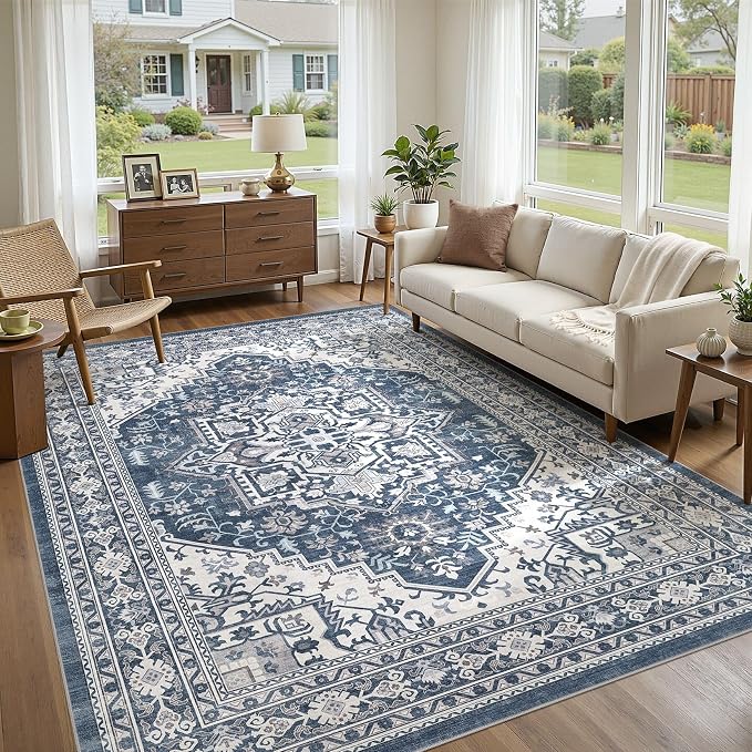 UERMEI 9x12 Area Rug for Living Room - Washable Vintage Carpet, Non-Slip Soft Large Indoor Floor Rugs for Bedroom Home Office & Under Dining Table Decor, Denim Blue/White
