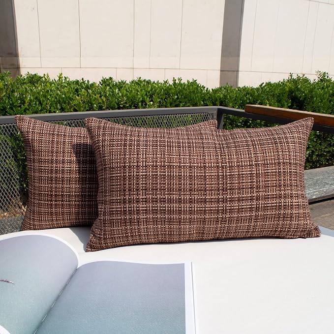 Kevin Textile Outdoor Waterproof Throw Pillow Covers 14x24 Inch Pack of 2 Woven Faux Linen Farmhouse Decorative Water Resistant Lumbar Cushion Covers for Tent Patio Garden Couch Sofa Coffee