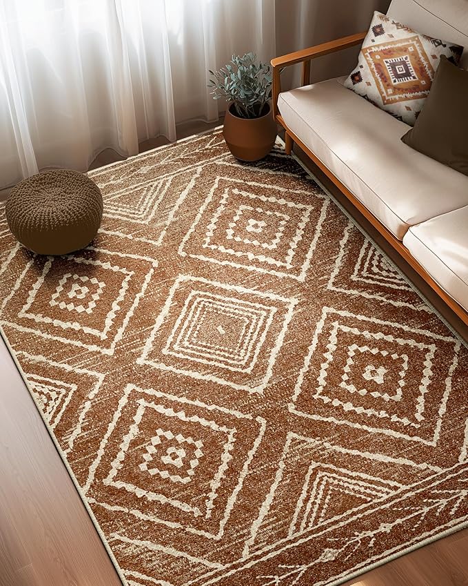 BESTSWEETIE Area Rug 5x8 Rug Machine Washable Non-Slip Low Pile Print Pattern Western Rug for Living Room Bedroom Entryway Tribal Series-Yellowbrown/Cream