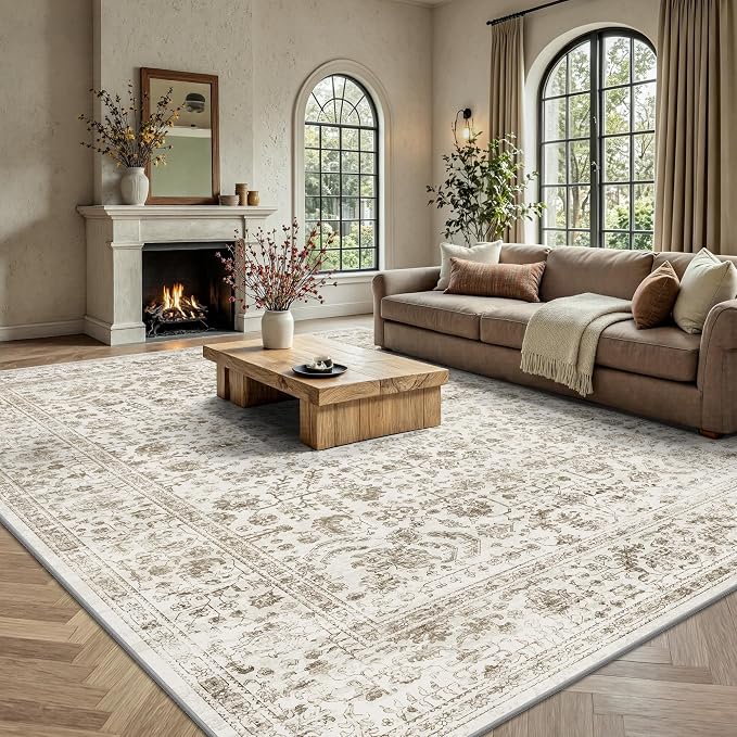 8x10 Area Rugs for Living Room, Washable Vintage Retro Floral Rug, Low Pile Non Slip Distressed Large Carpet for Bedroom, Dining Room, Office, Home (Brown)