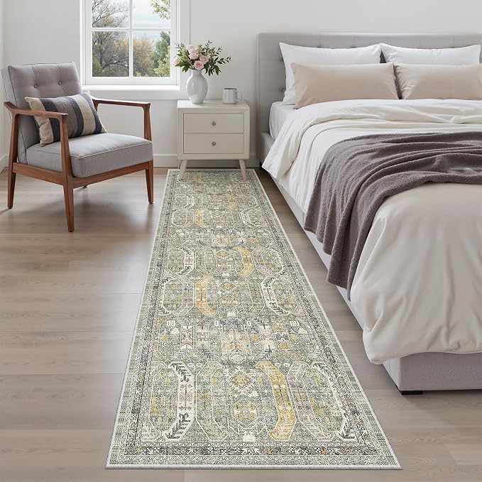 Madane Hallway Runner Rug 2x8 Washable Kitchen Rugs Non-Slip, Green/Gold | Vintage Machine Washable Low-Pile Floor Carpet 8ft, Soft Ultra-Thin Throw Entry Foyer Mat for Entrance Laundry Living Room