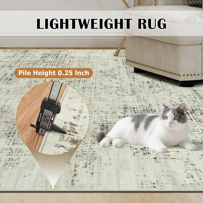 9x12 Area Rugs for Living Room Washable Rug: Anti-Skid Abstract Modern Living Room Rug Soft Thin Carpets Indoor Floor Non-Shedding Carpet for Bedroom Dining Farmhouse Nursery Gray White Blue