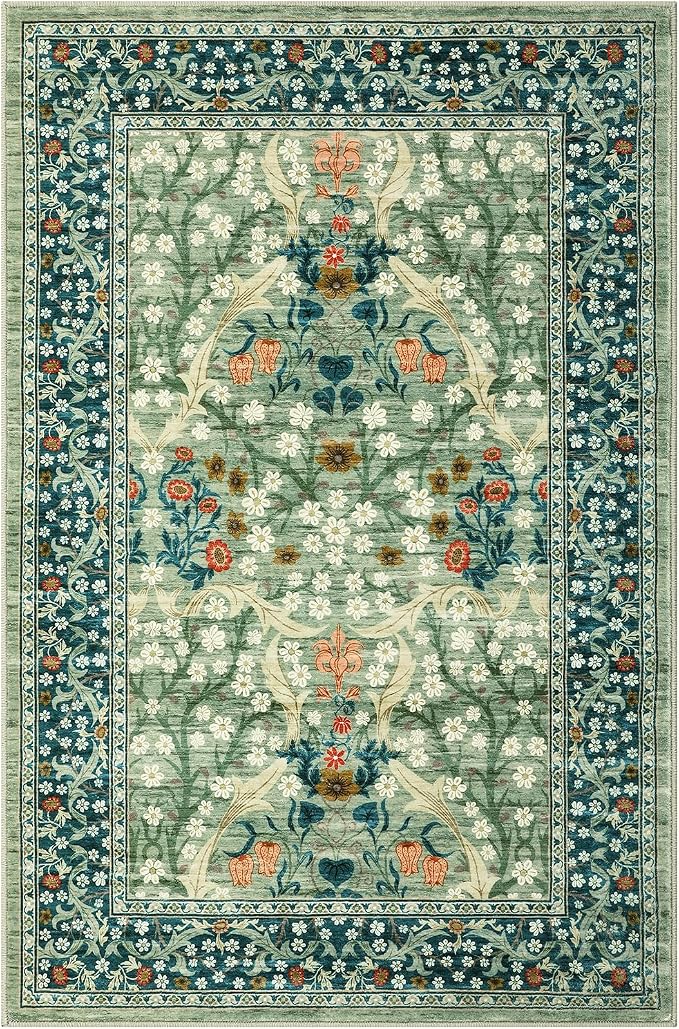 GarveeHome Floral Entryway Rug, 2x3 Washable Front Door Entry Throw Rugs Indoor, Non Slip Bathroom Small Rugs, Boho Thin Rug for Kitchen, Soft Carpet Mat for Bedroom Bathroom, Sage Green