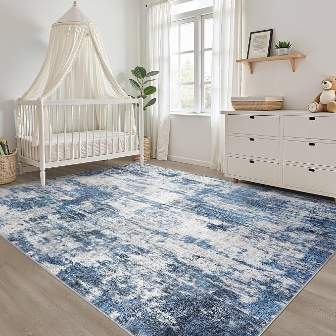 9x12 Area Rugs Living Room: Washable Large Neutral Rug Abstract Soft Modern Stain Resistant Indoor Floor Non-Slip Carpet for Bedroom Nursery Kids Office Playroom Dining Room Under Table- Navy Gray