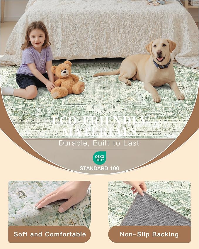 Madane Runner Rug 2x8, Washable Hallway Runner Rugs, Non-Slip Low-Pile Soft Kitchen Rug Runner Laundry Room Rug, Vintage Throw Entry Foyer Mat for Entrance Living Room (Green/Ivory, 2 x 8)
