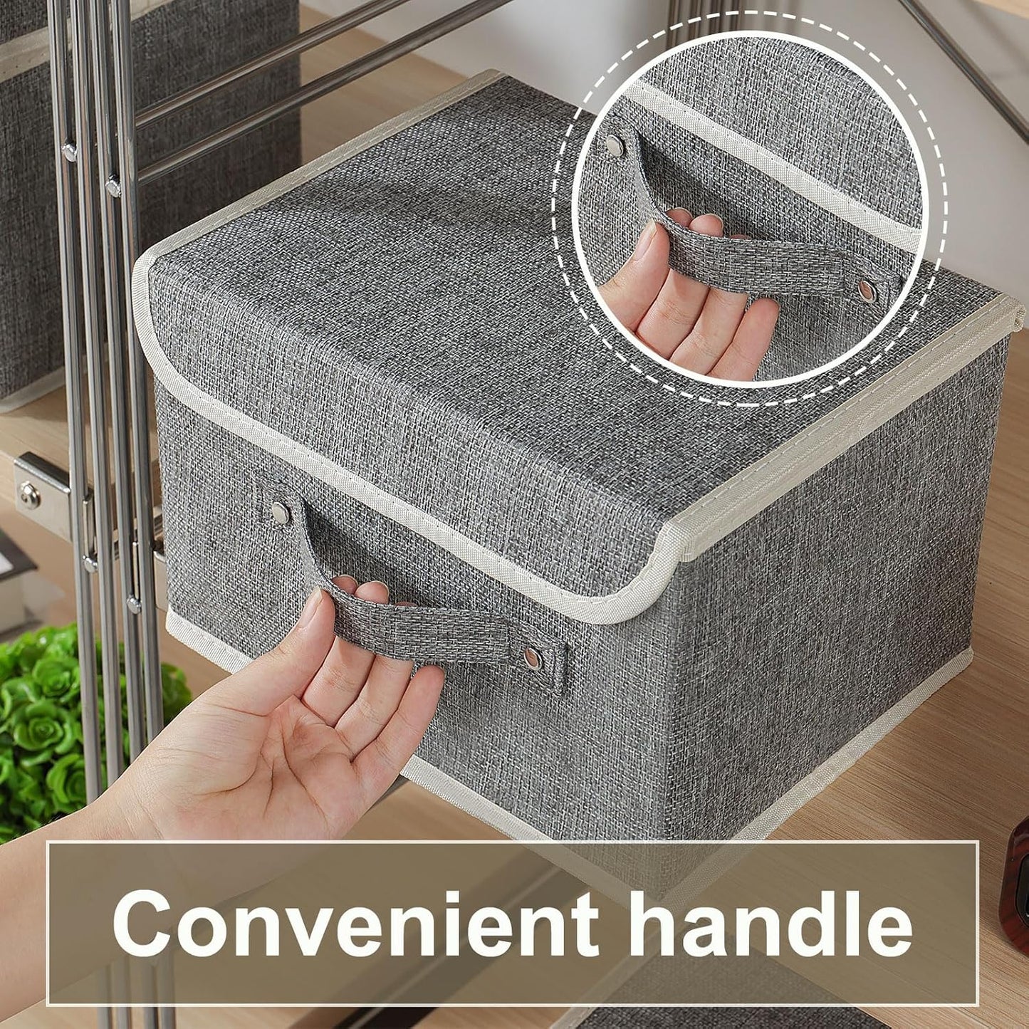 Storage Boxes, Collapsible Storage Bins with Lids, Cotton and linen cloth Storage Baskets with Handle, for Books, Closet, Bedroom, Home, Grey, 3 Pack 10.2 X 7.9 X 6.7in