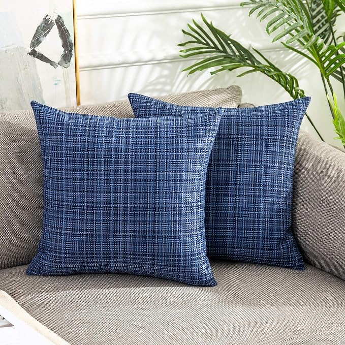 Kevin Textile Pack of 2 Decorative Outdoor Waterproof Throw Pillow Covers Stripe Square Pillowcases Modern Cushion Cases for Patio Couch Bench 18 x 18 Inch Navy Blue