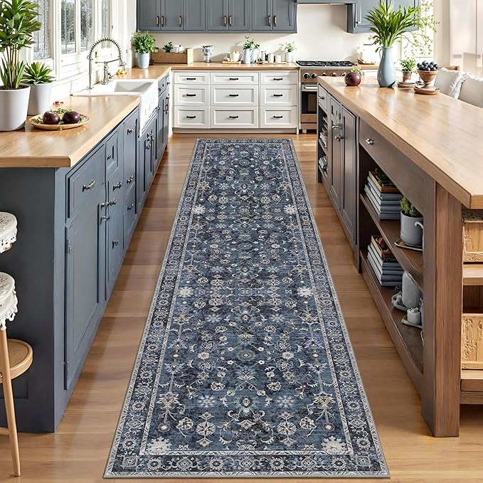 Tangsoo 3x10 Runner Rugs for Hallway Non Slip, Washable Long Rug Runner Boho Vintage Floral Rugs, Distressed Blue Black Soft Low Pile Indoor Runners for Entryway,Living Room,Kitchen,Kids&pets Friendly