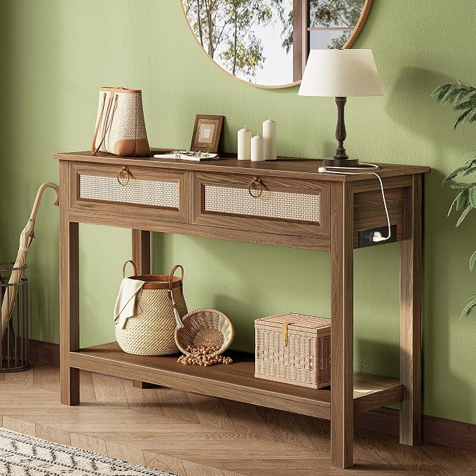 SUPERJARE Rattan Console Sofa Table with Outlets and USB-C Port, 2 Drawer Entryway Table with Synthetic Rattan Surface, 39 Inch, Open Shelf, Behind Couch Entry Foyer Hallway Storage, Brown