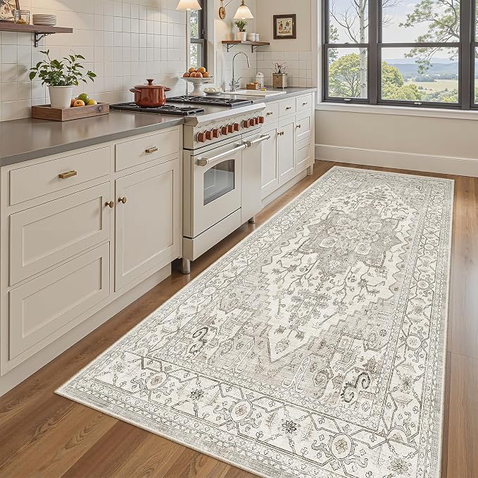 Madane 4x8 Wide Hallway Runner Rug Washable for Living Room, Beige/Brown | Soft Stain Resistant Ktichen Runners 8ft, Vintage Non Slip Low Pile Area Rugs, Thin Floor Carpet for Bathroom Dining Bedroom