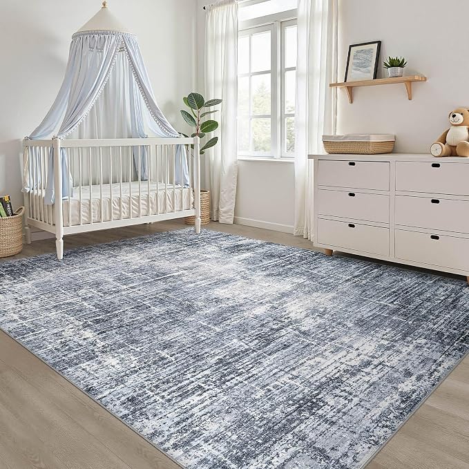 5x8 Area Rug Living Room: Washable Large Neutral Navy Rug Abstract Soft Modern Stain Resistant Indoor Floor Non-Slip Carpet for Bedroom Nursery Kids Office Playroom Dining Room Under Table Home