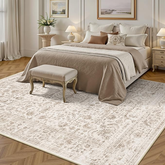 8x10 Area Rugs for Living Room, Washable Vintage Retro Floral Rug, Low Pile Non Slip Distressed Large Carpet for Bedroom, Dining Room, Office, Home (Light Brown)