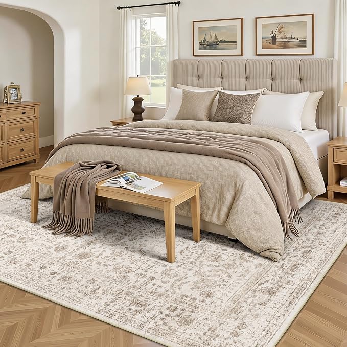 5x7 Area Rugs, Washable Vintage Retro Floral Rug for Living Room, Low Pile Non Slip Distressed Large Carpet for Bedroom, Dining Room, Office, Home (Light Brown)