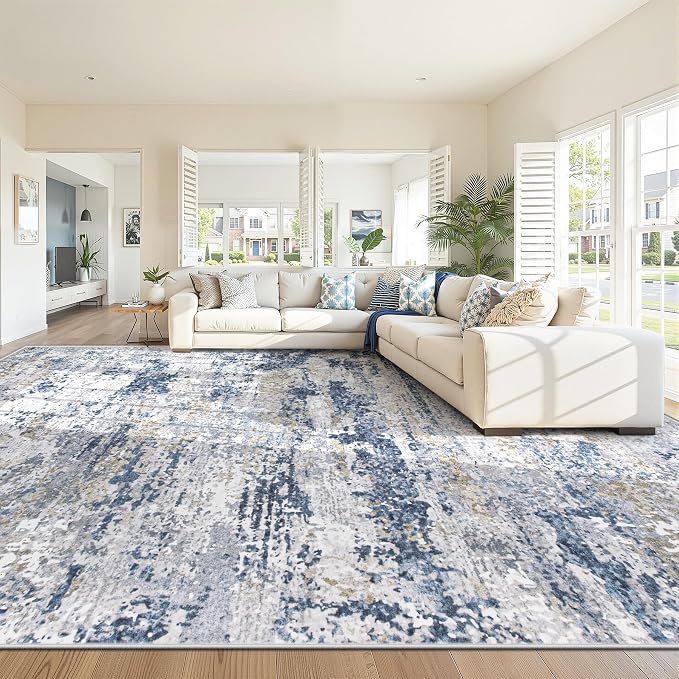 9x12 Area Rugs for Living Room: Washable Abstract Neutral Rug Large Modern Soft Non Slip Low Pile Rugs Floor Indoor Stain Resistant Carpet for Bedroom Dining Room Home Office (Blue, 9'x12')