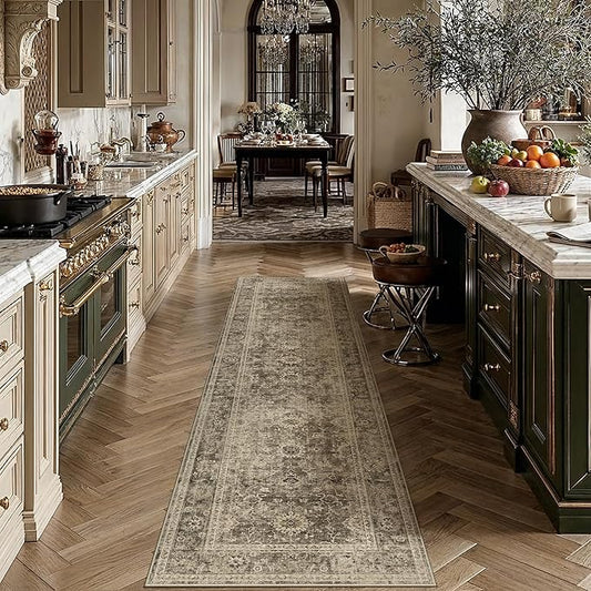 2x10 Washable Runner Rug for Kitchen Hallway Brown Vintage Non-Slip Low Pile Distressed Rustic Carpet Soft Long Throw Rug for Indoor Entryway Bedroom