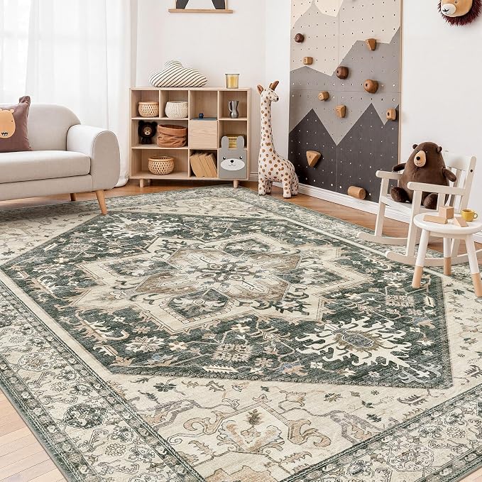Area Rug for Living Room - 7x9 Washable Oriental Vintage Floral Large Soft Carpet - Fade Stain Resistant Non Slip Rugs for Bedroom Dining Room Nursery Dorm Office Home Decor - Vintage Green