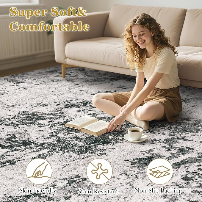 Area Rugs for Living Room: 7x9 Abstract Washable Rug Modern Neutral Large Soft Stain Resistant Non-Slip Backing Machine Table for Bedroom Dining Room Indoor Home Office Carpet - Grey Black