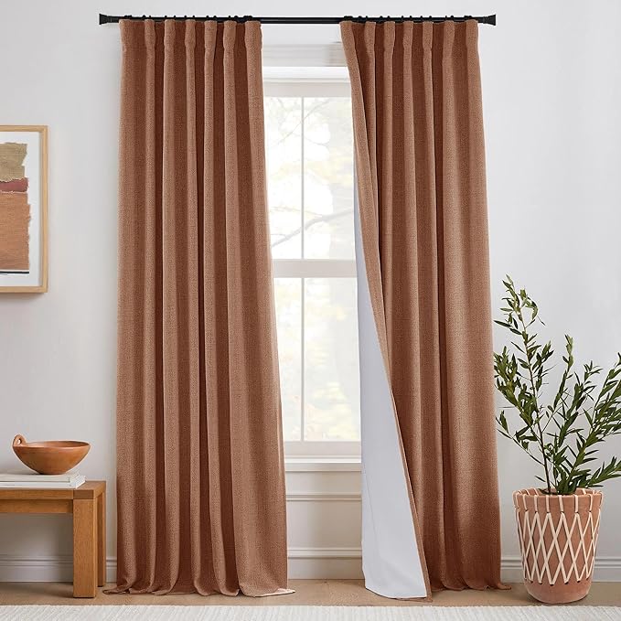 Solid Terracotta Color Linen Blackout Curtains 96 Inch Long, Vintage Country & Retro Mid Century Modern Drapes for for Bedroom Living Room, 2 Panel Set