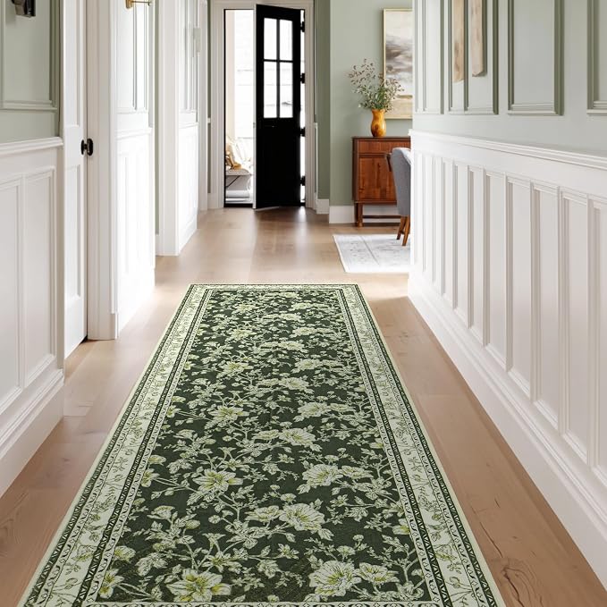 Olive Green Floral Print Area Rugs for Bedroom Living Room Boho Farmhouse Country Rustic Dining Room Carpet Soft Washable Rugs Non Slip Floor Covering for Nursery Playroom 2x6