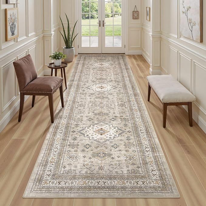 Vintage Hallway Runner Rug 3x10: Large Soft Washable Entryway for Kitchen Laundry Room Non-Slip Backing Runner for Entrance Living Room Bedroom Bathroom - Beige
