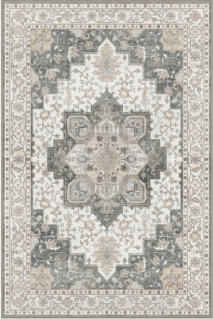 GENIMO 5x7 Area Rugs for Living Room, Machine Washable Non Slip Vintage Rugs, Low Pile Lightweight Print Rug for Bedroom, Dining Room, Home Office, Heathered Grey