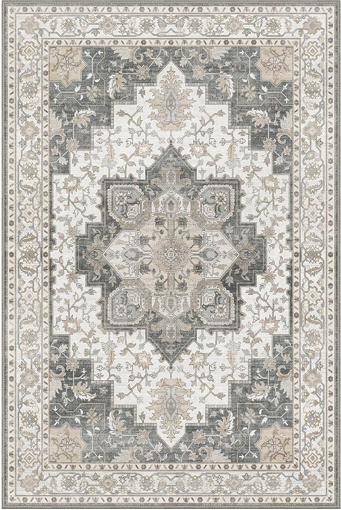 GENIMO 9x12 Area Rugs for Living Room, Non Slip Machine Washable Vintage Rugs, Low Pile Lightweight Print Large Rug for Bedroom, Dining Room, Home Office, Heathered Grey