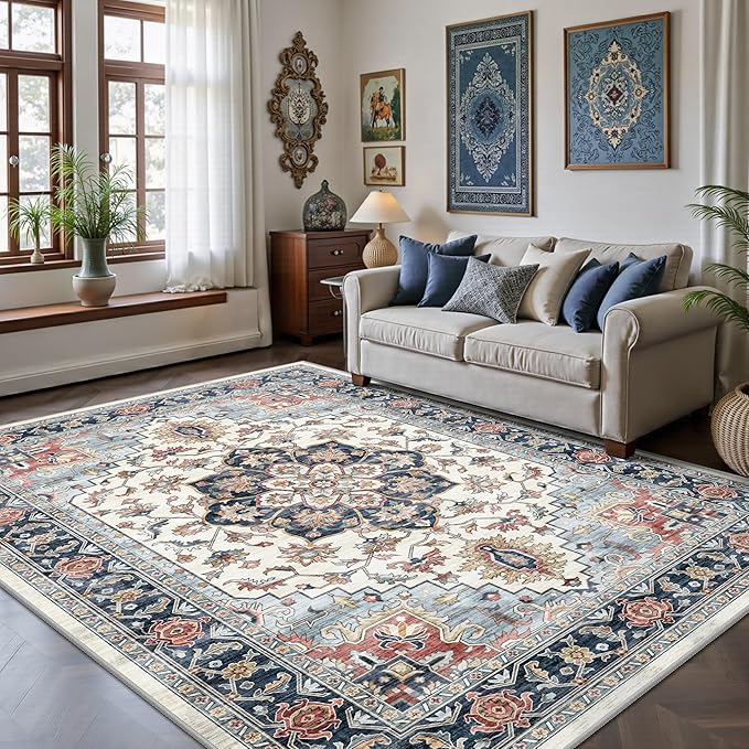 6x9 Area Rugs - Washable Rug Vintage Distress Boho Medallion Rugs for Living Room, Soft Non-Slip Backing Low Pile Carpet for Bedroom Dining Room Office Nursery Dorm Home, Blue Beige Orange