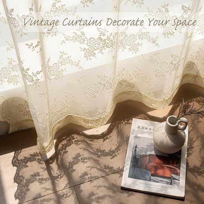 MEETSKY Vintage Lace Sheer Curtains 45 Inches Long for Small Windows French Victorian Spring Floral Pattern Design Light Filtering Rod Pocket Drapes, 50" W Each Panel, 2 PCS, Light Yellow