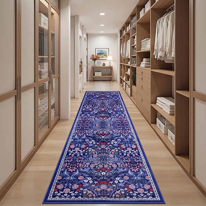 Runner Rug for Entryway: 2.6x10 Kitchen Rugs Non Slip Washable Ultra-Thin Soft Floral Carpet Indoor Floor Stain Resistant Carpets for Hallway Bedroom Kitchen Laundry Bathroom Dorm Blue