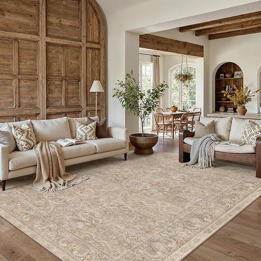 PureCozy Brown 6x9 Area Rug Washable Vintage Living Room Carpet Bedroom Large Indoor Non Slip Soft Low Pile Thin Stain Resistant Distressed Accent Throw Rug for Dining Office Nursery