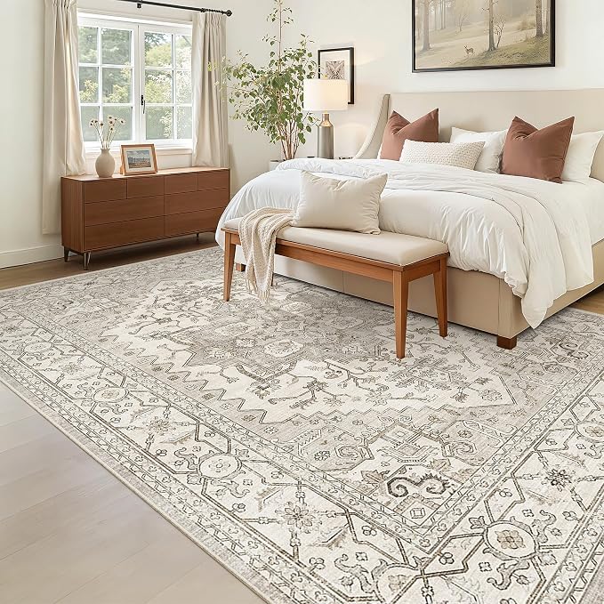 Madane 6x9 Area Rugs for Living Room, Vintage Washable Rug, Beige/Brown | Stain Resistant Floor Carpet With Non-Slip Backing For Bedroom, Dining Bedroom And Office, Soft Low-Pile Home Decor Mat