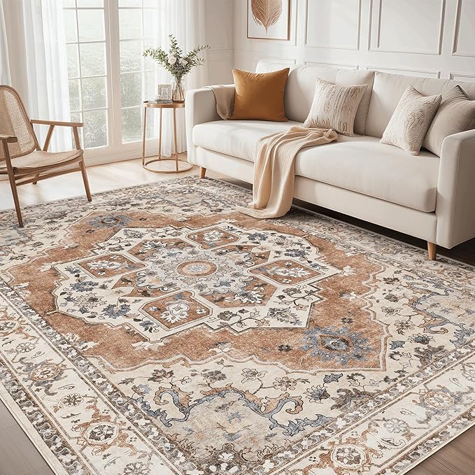 10x12 Washable Area Rug: Vintage Neutral Soft Non Slip Thin Large Floor Carpet for Living Room Bedroom Kitchen Dining Room Home Office Farmhouse Indoor - Brick Red