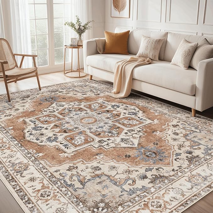 8x10 Washable Area Rug: Vintage Neutral Soft Non Slip Thin Large Floor Carpet for Living Room Bedroom Kitchen Dining Room Home Office Farmhouse Indoor - Brick Red