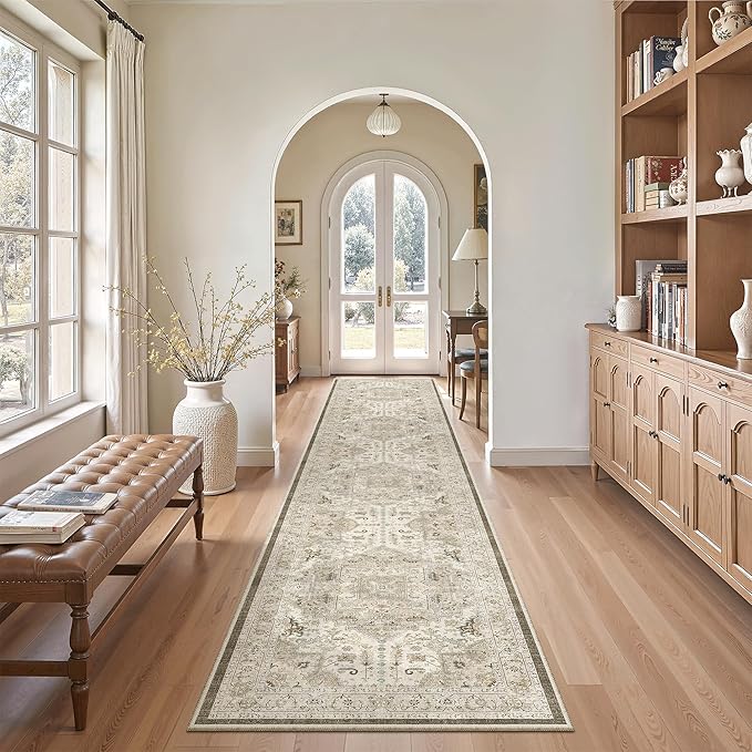 Madane Washable Runner Rugs 2x10 Long for Hallway Kitchen, Ivory/Brown | Non-Slip Low-Pile 10ft Rug Runners Soft, Stain-Resistant Floor Carpet Mat for Entrance, Living Dining Laundry Room, Stair