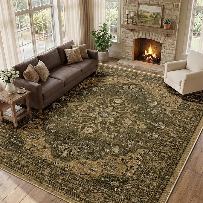 RELEANY Area Rugs Large 10'x14' Washable Non-Slip, Floral Vintage Distress Medallion Carpet for Living Room Bedroom Dining Room, Brown Dark Brown