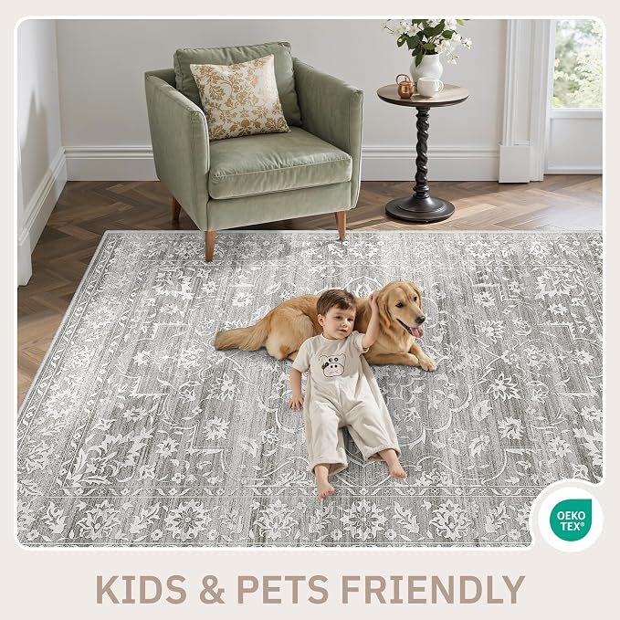 Soalmost 5x7 Area Rugs for Living Room, Washable Bedroom Soft Rug Grey | Vintage Floral Non-Slip Low Pile Throw Large Neutral Carpet for Dining Room Kitchen Home Office Nursery 5'x7'