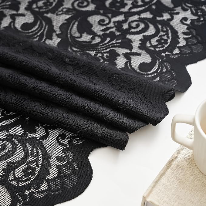 ALIGOGO Black Sheer Curtains 80 Inch Length 2 Panels - Luxury Floral Lace Curtains for Home Office Doorway, Dark Academia Rod Pocket Gothic Scalloped Edges Halloween Party Decor, 52W x 80L Inch