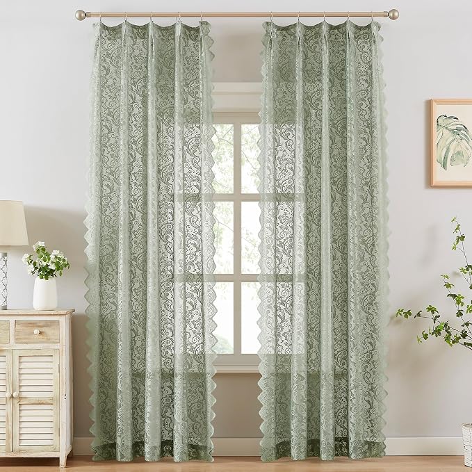 Bujasso Sage Green Lace Pinch Pleat Curtains 96 inch,Vintage Floral Sheer Drapes with Hooks & Rings,Baroque Damask Scalloped Edge Light Filtering Window Panels for Bedroom Living Room, 40" Wx96 Lx2