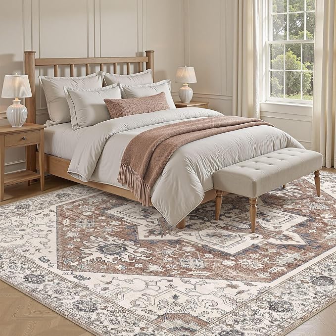 Area Rug 10x12 for Living Room - Washable Oriental Vintage Floral Distressed Large Indoor Carpets with Non Slip Back for Bedroom Dining Room Nursery Office Home Decor -Terracotta/Brown