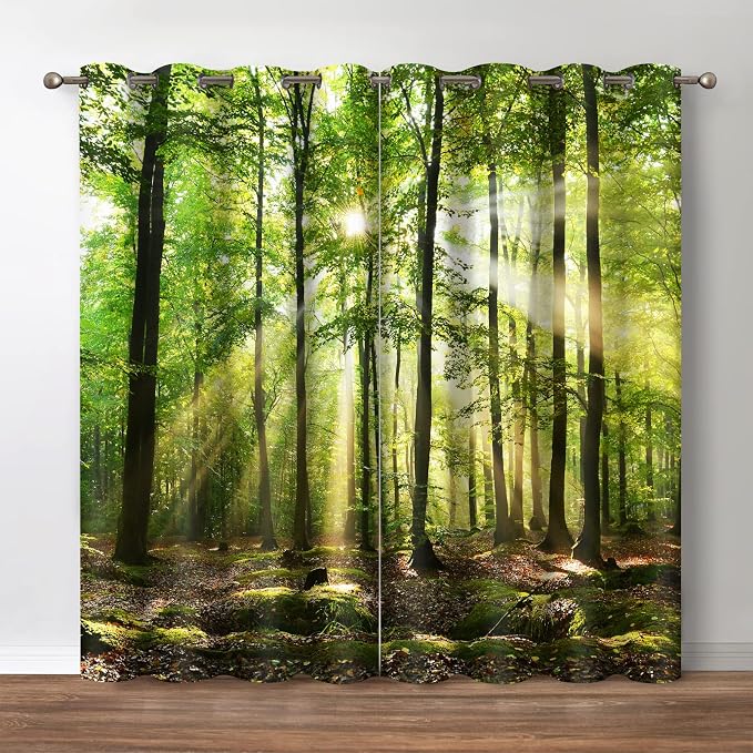 Jekeno Forest Blackout Curtains - Green Tree in Bright Sunshine Pathway in The Mountains Jungle Nature Scenery Decor Home Bedroom Living Room Darkening Grommet Window Drapes 2 Panel Set,52x84 in