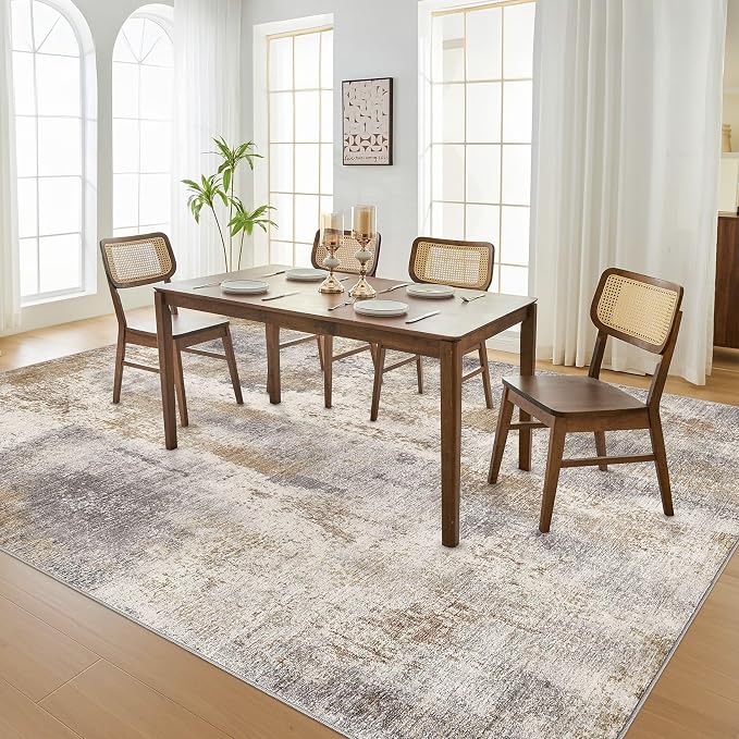 DMOYEST Area Rug Living Room Rugs - 10x14 Washable Large Soft Indoor Neutral Modern Abstract Low Pile Rug Carpet for Bedroom Dining Room Farmhouse Home Office - Brown Grey