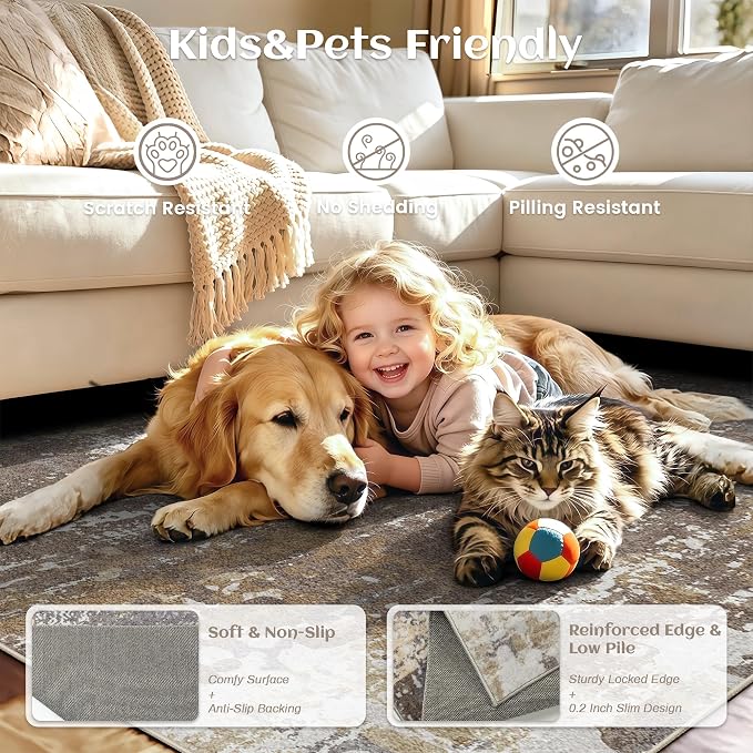 5x7 Rugs for Living Room - Modern Abstract Washable Rug, Ultra Soft Non Slip Low Pile Large Rugs, Floor Carpet for Bedroom Dining Room Office Laundry Nursery Home（Taupe）